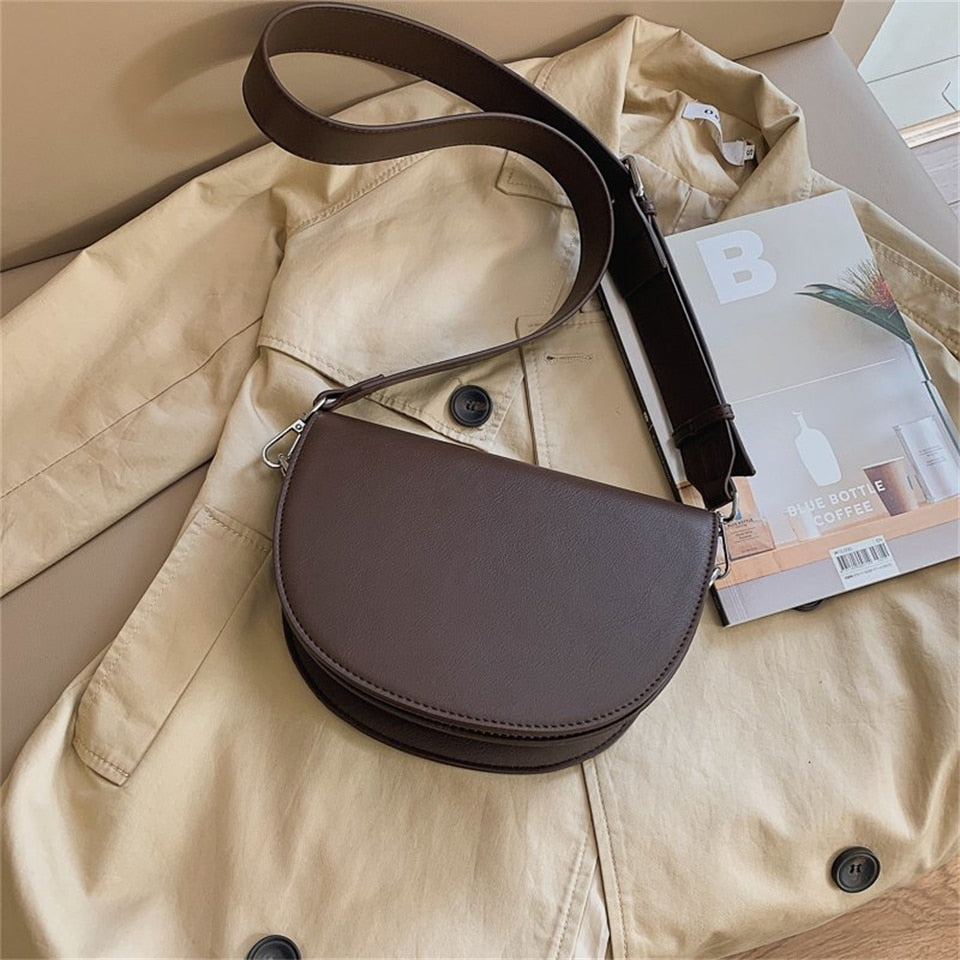 Retro Solid Color Saddle Bag High Quality Leather Shoulder Bags for Women 2023 New Simple Ladies Crossbody Bag Designer Handbags