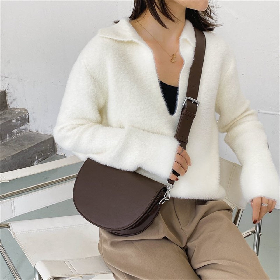 Retro Solid Color Saddle Bag High Quality Leather Shoulder Bags for Women 2023 New Simple Ladies Crossbody Bag Designer Handbags